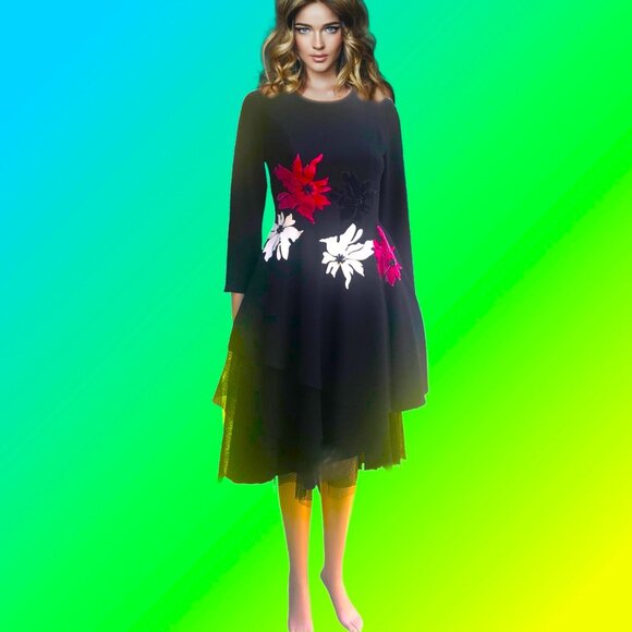 BIANCO NERO Black Fit and Flare Multi-layered Party Dress Floral Appliques Sz S - Picture 7 of 7